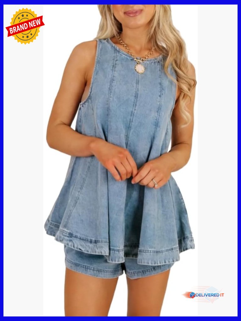 Sleeveless Crew Neck Denim 2 Piece Set With Pleated Top And Loose Shorts